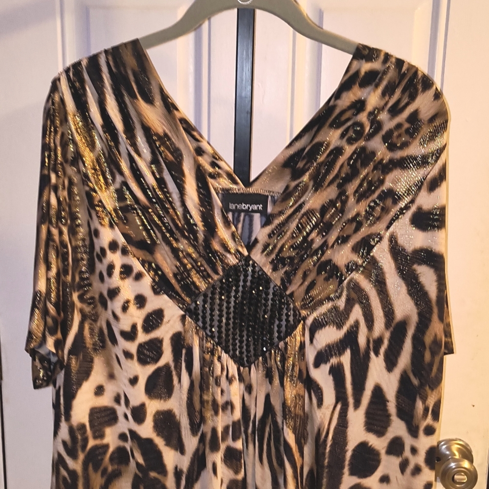 $58 LANE BRYANT Shimmery Beige, Black & Gold Silky Stretch Top 2X (22/24) EXC